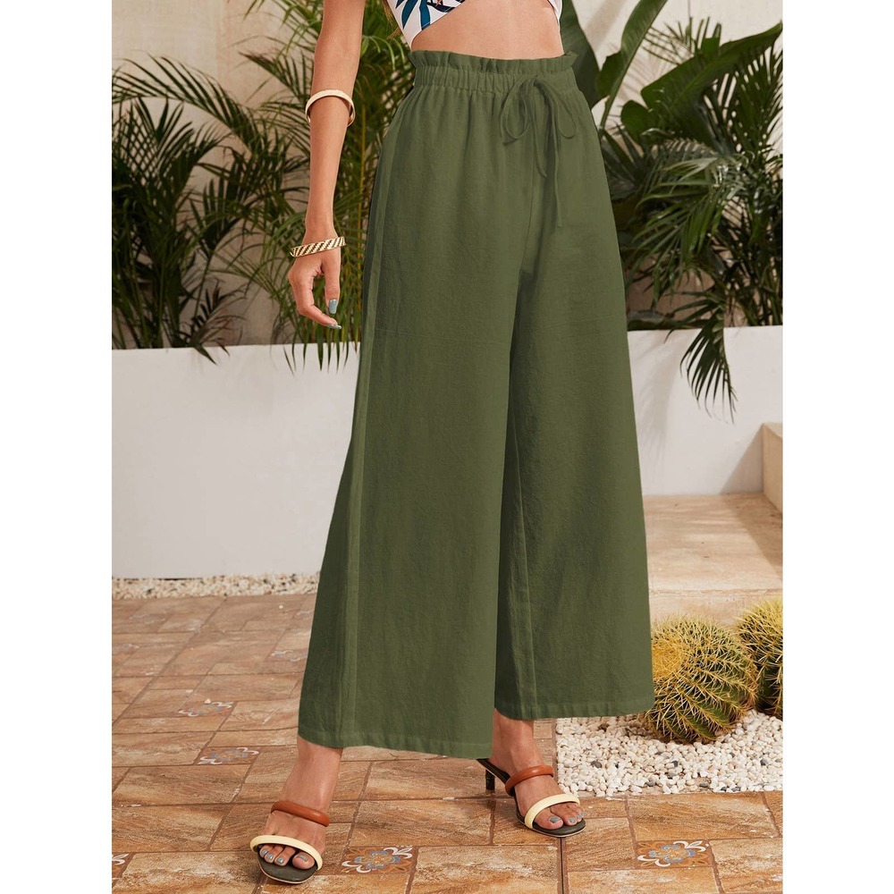 High waisted Frilled Waist Solid Wide Leg Pants green - Picture 12 of 13